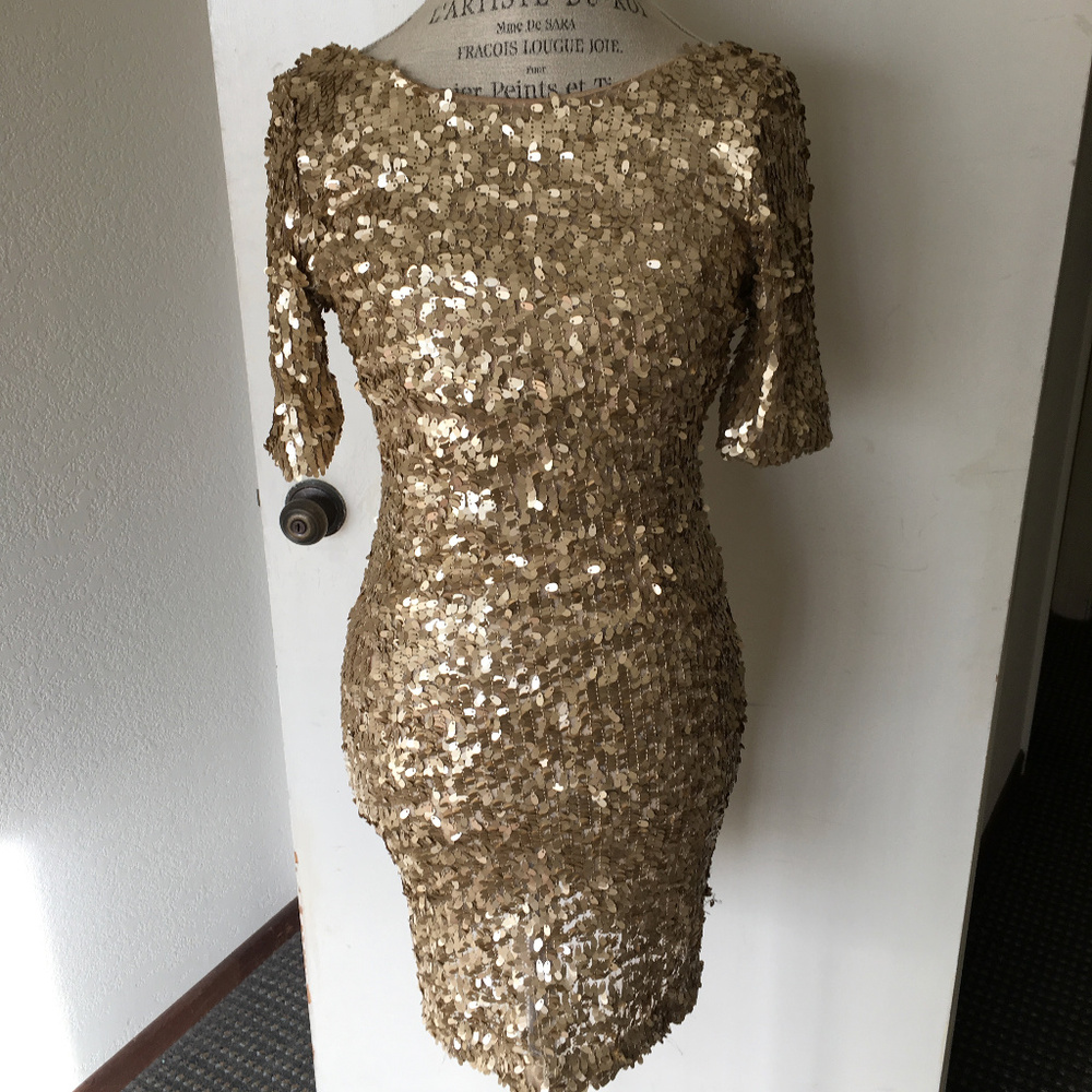 Gold Sequin Long Sleeve Body Con Dress
